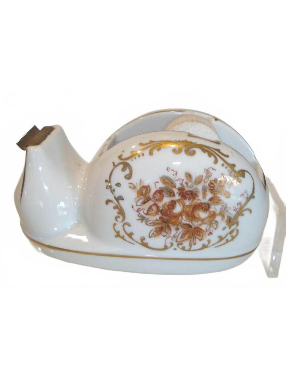 Vintage 70's Ceramic Tape Dispenser W/ Orange Roses & Gold Tone Trim Decoration